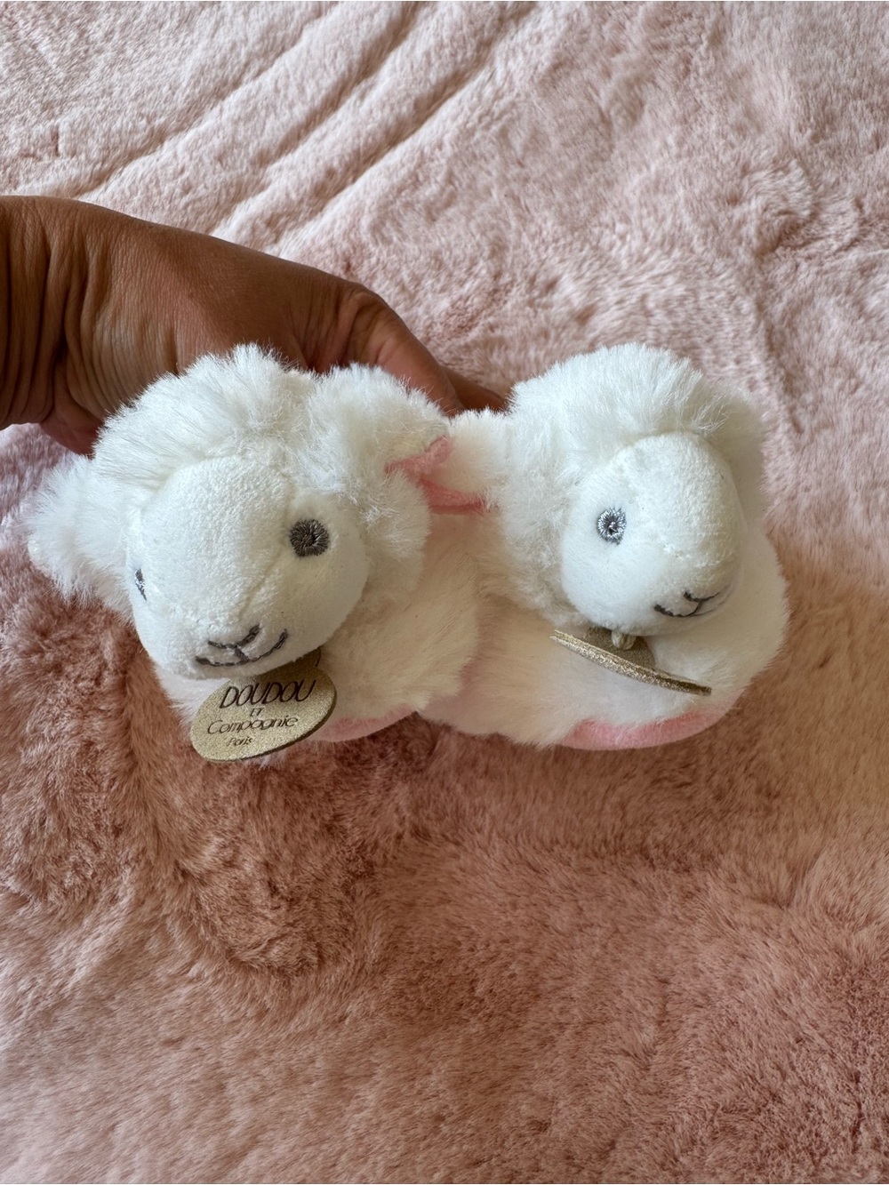 Doudou et Compagnie Lamb Baby Bootie Slippers Like New White and Pink